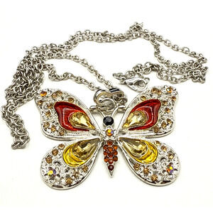 Butterfly Necklace 27" Acrylic Red Yellow Crystal Pendant Silver Tone Long Chain